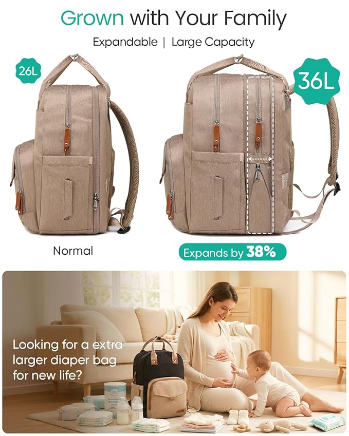 Extra Large Diaper Bag Backpack for Two Kids Twins - Expandable Baby Bag (26-36L), Dual Big Compartments - Includes Changing Pad & Stroller Straps, Unisex Premium Khaki