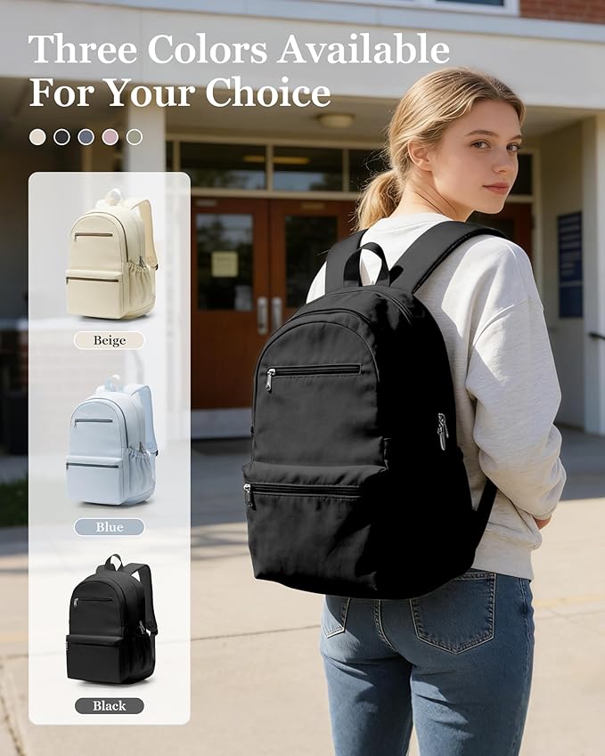 Lightweight School Backpack for Women Men, Multi Pocket Backpack for College Students, Waterproof Middle School Bags, Simple Bookbag for Teens Girls Boys, Black