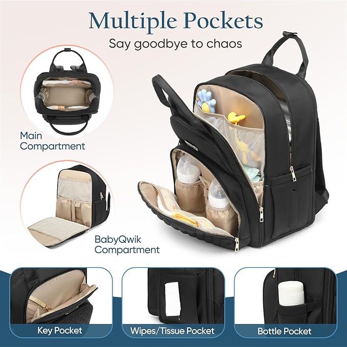 Diaper Bag Backpack - Extra Large Diaper Bag for 2 Kids Twins (Expandable 30-38L) - Travel Baby Backpack with Changing Pad for Mom Dad (Quilted, Water Resistant, Black)