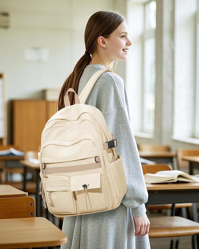 Aesthetic School Backpack for Women Men College Backpack With Lots Of Pockets Waterproof Travel Casual Daypack Cute Bookbag For Teens Girls Boys High School Bag(Beige)