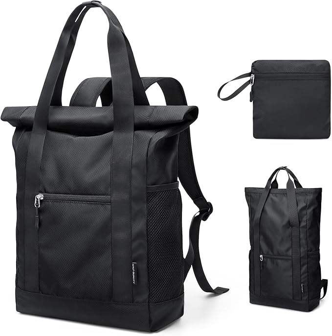 Foldable Convertible Tote Backpack Lightweight Versatile Nylon Daypack for Women Men Work Leisure Travel,Black