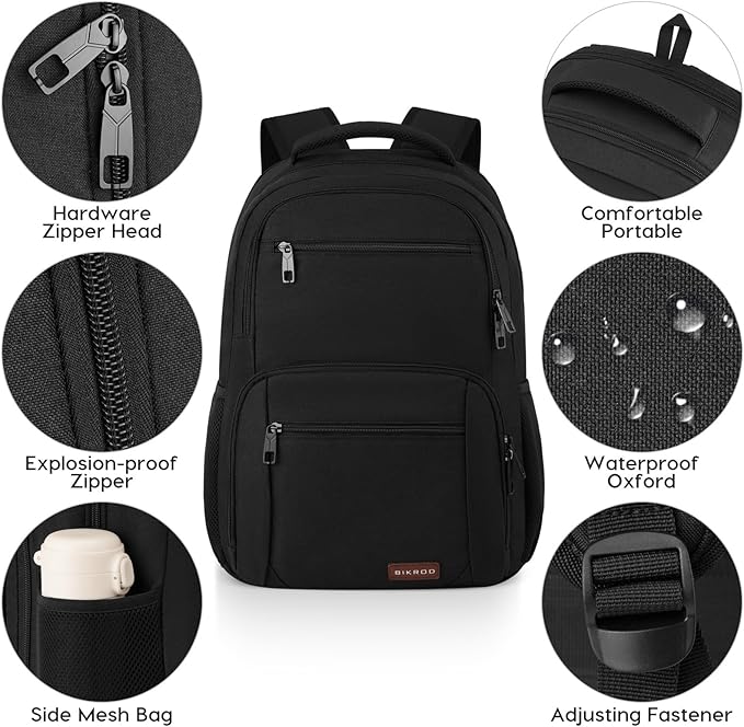 BIKROD Backpack for Men and Women, School Backpacks for Teen Boys Water Resistant TSA Travel Backpack with USB Charging Port, Business Anti Theft Sturdy Computer Bag Gifts Fits 15.6 Inch Laptop,Black