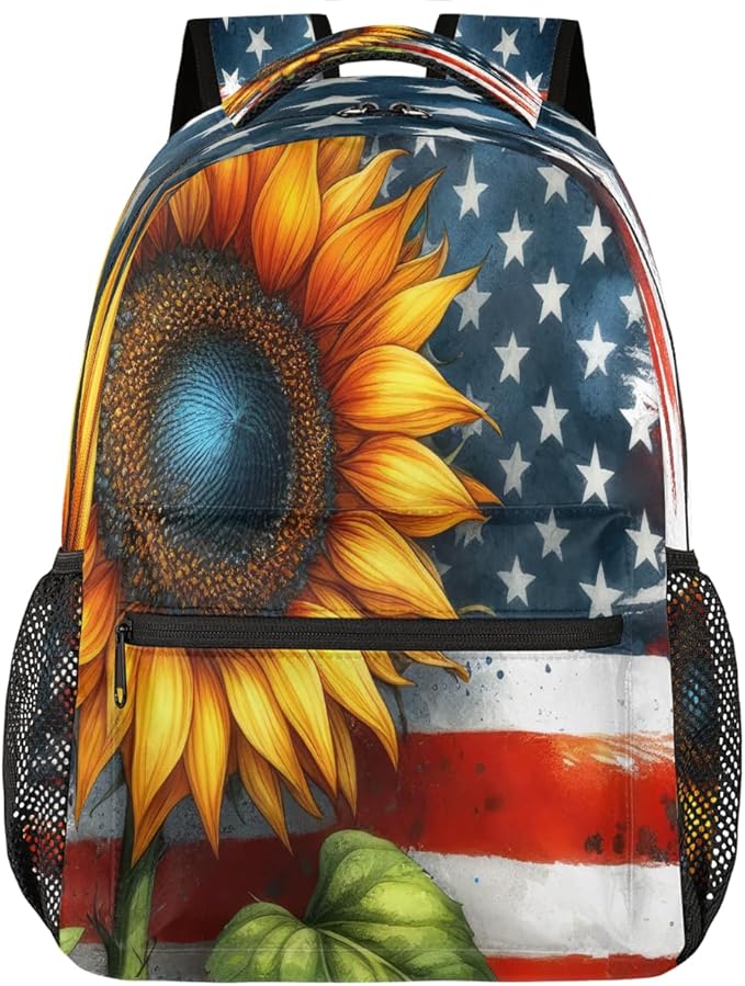 Pardick American Flag Sunflower Backpack for Kids Girls Boys Lightweight School College Students 18in Bookbag Large Capacity Computer Backpacks Laptop Rucksack Travel Gym Hiking Camping Daypack