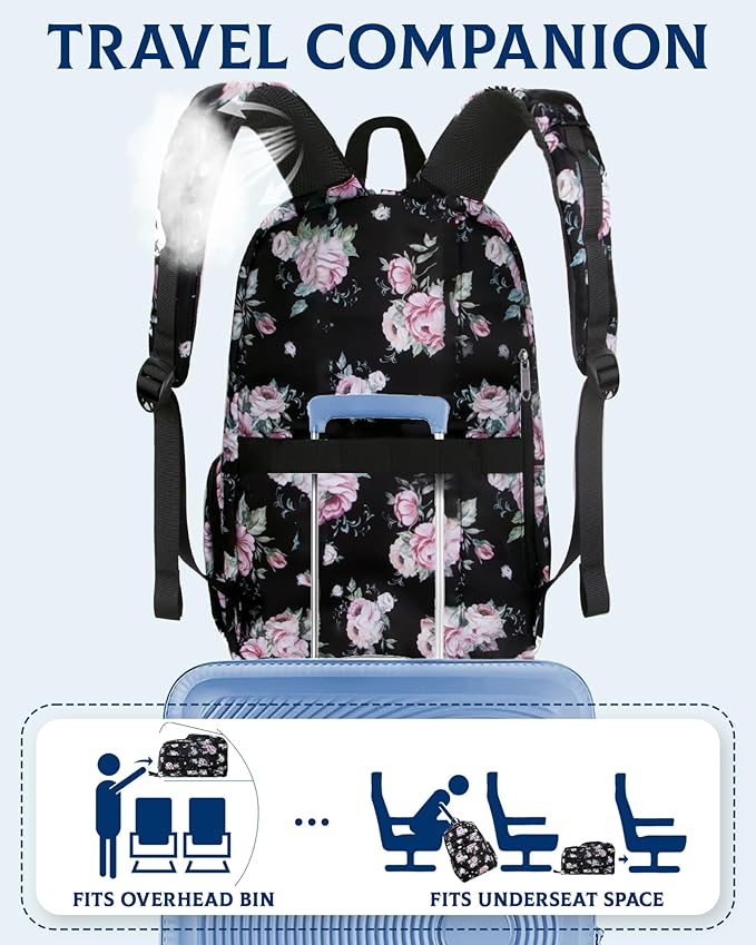 Large Backpack for Women Backpack with Lots of Pockets for Travel Work School Bookbag with Laptop Compartment for High School College Girls Mochilas Morrales para Mujer (Black/Pink, Floral)