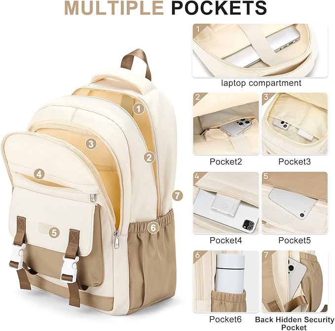 School Backpack For Women Men College Backpack With Lots Of Pockets Cute BookBag Casual Daypack Backpacks For Teens Girls Boys Waterproof(Beige)