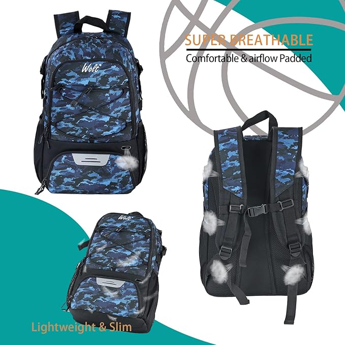 WOLT Basketball Backpack Large Sports Bag with Separate Ball Holder & Shoes Compartment, Best for Basketball, Soccer,Gym