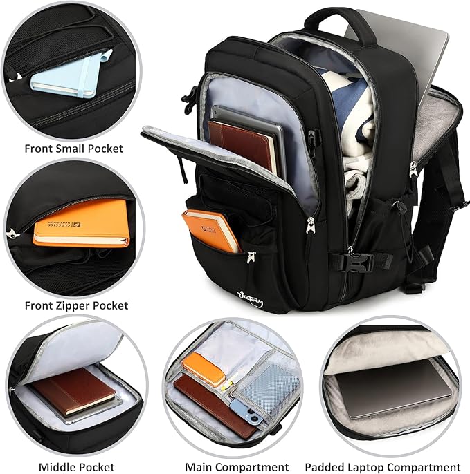 Travel Backpack for Women Men 15.6 Inch Laptop Backpacks with USB Port Carry on Bag Airline Approved Large College School Bookbags Waterproof Work Business Sport Rucksack Casual Daypack (Black)