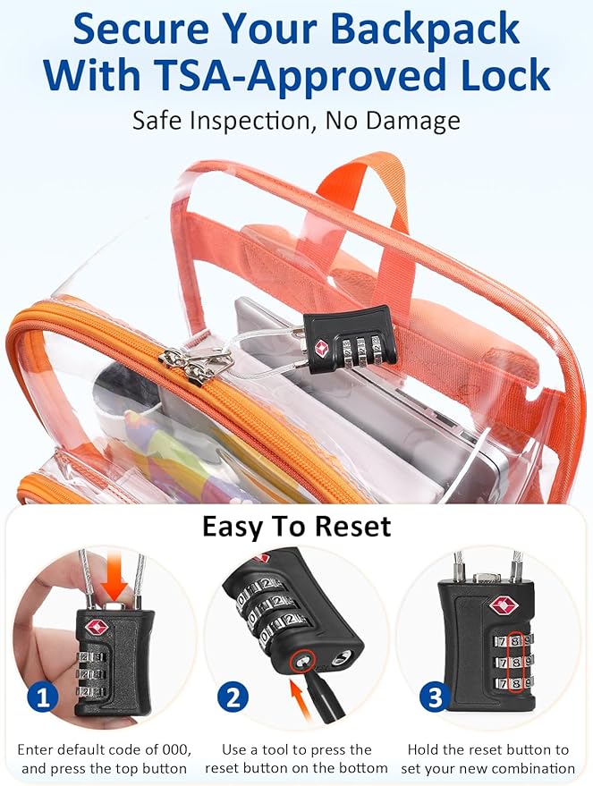 Extra Large Clear Backpack with TSA Lock, Heavy Duty Transparent See Through Clear Bookbag for College, Work, Travel, Casual Sport, Orange