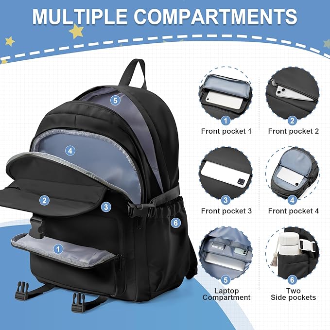 Black Lightweight Waterproof Backpack for Women Men Large Capacity College School Bag with Luggage Straps Multiple Pockets Durable High School Bookbag, Casual Daypacks for Students Girls Boys