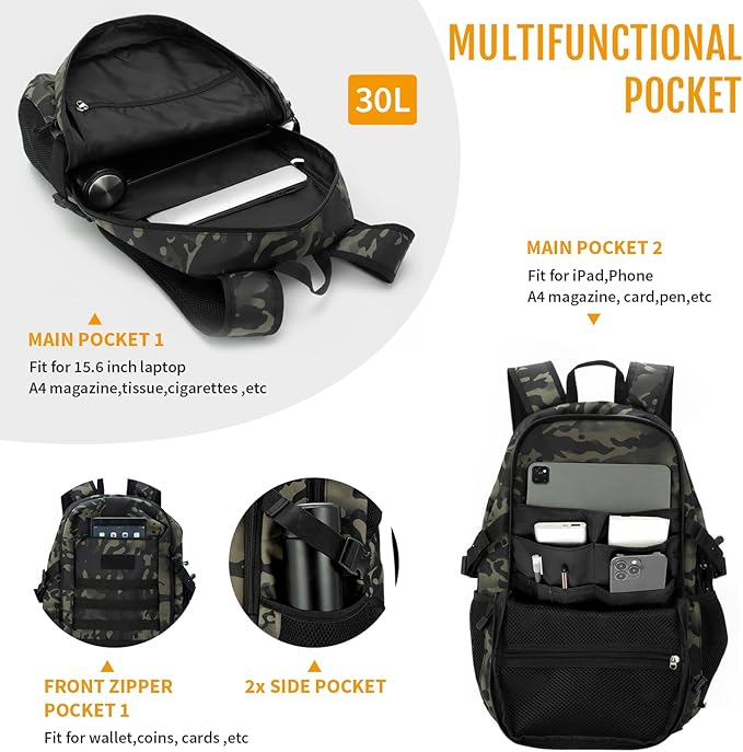HUNTVP 10L/20L/30L Tactical Backpack Military MOLLE Backpack Rucksack Gear Tactical Assault Pack for Hunting Camping Trekking (30L-Camo)