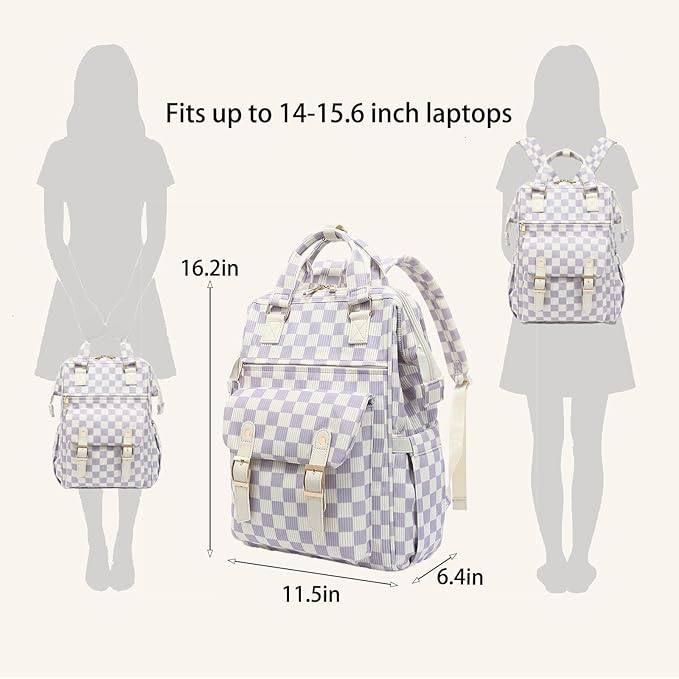 Corduroy Laptop Backpack for Women 15.6 Inch Stylish College School Bookbag, Business Work & Travel Computer Backpacks (Checkered Purple)