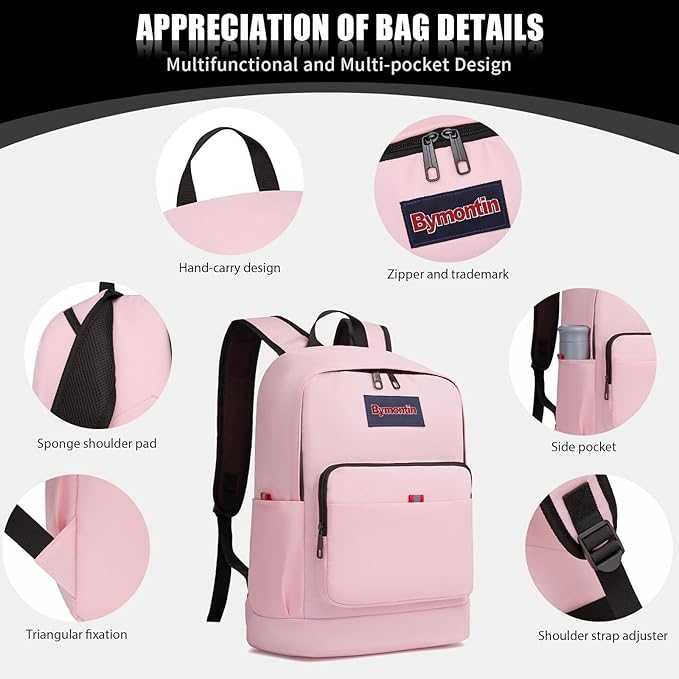 Classic Casual Backpack, Lightweight Daypack with 10 Pockets, Laptop Compartment, EVA Foam Pad (Dark pink)