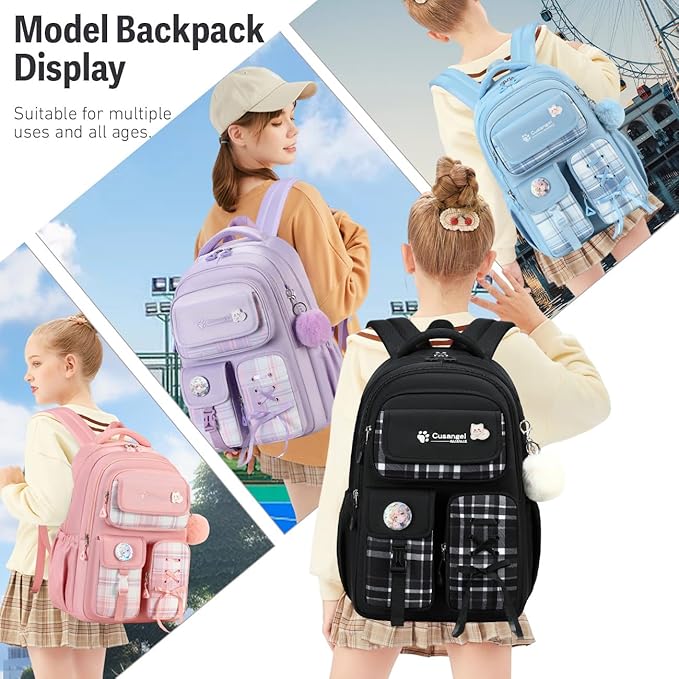 Cusangel Teen Girls Backpack for School, 18 inch Black Cute Daily BookBag, Large Capacity Waterproof Laptop Daypack