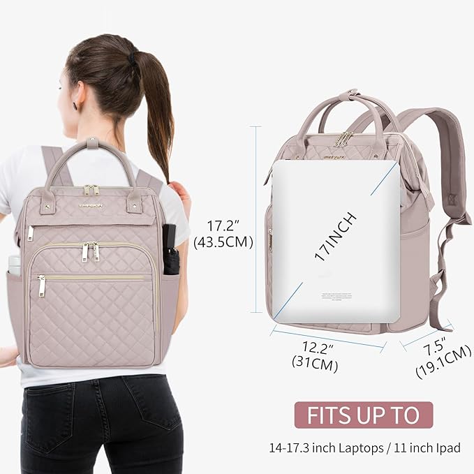 EMPSIGN 17 Inch Laptop Backpack for Women, Work Business Travel Computer College Bags, Large Capacity Water-repellent Quilted Casual Daypack with USB Port, Dusty Pink