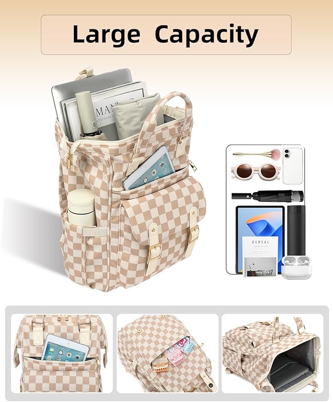 Laptop Backpacks for Women, Corduroy High School College Bookbag 15.6 Inch Laptop Bags for Girls Travel Daypack - Checkered Brown