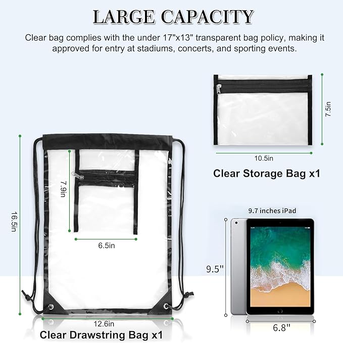 Clear Drawstring Bag, 17x13in Transparent Backpack, Clear Bag for Stadium Approved Concert Baseball Festival Beach Makeup Gym Bag (1, Black)