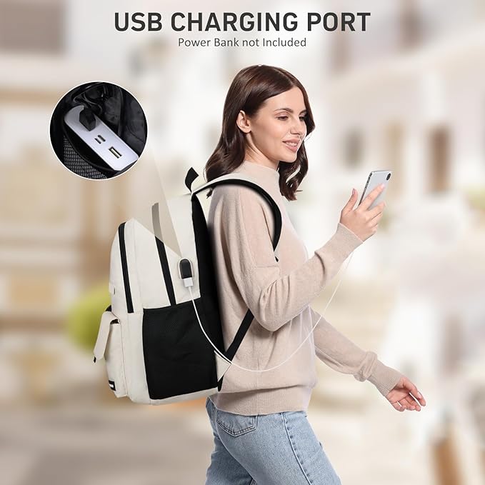 School Backpack for Women, College Bookbag Teen Girls 17.3 Inch Laptop Bacpack Cute School Bag with USB Port for Students (Beige)