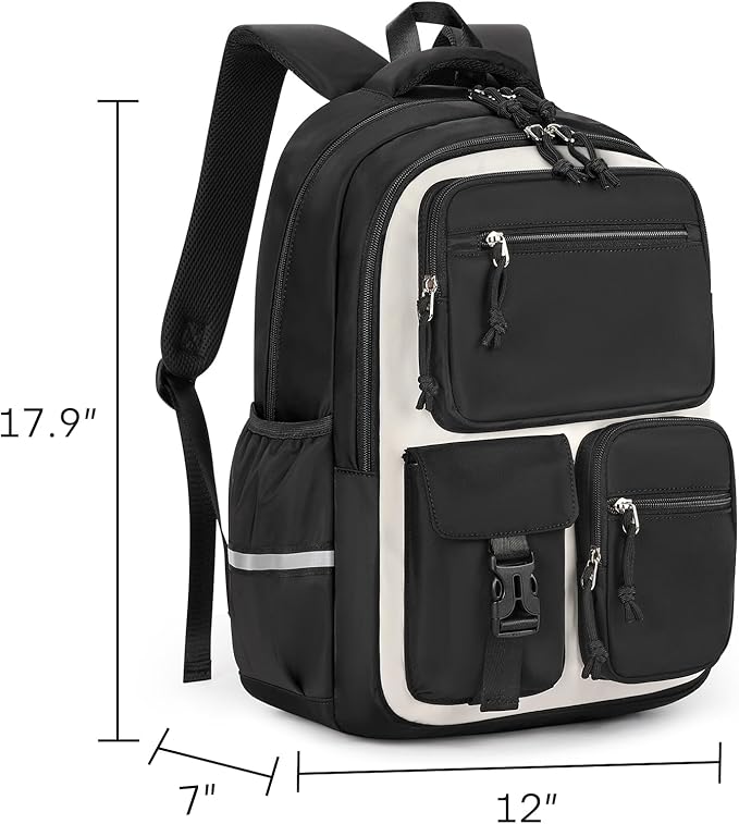 mibasies School Backpack for Teen Girls: 17.9 IN Backpack for Women with Laptop Compartment for Middle High Elementary School College Travel- Kids Bookbag Black Beige