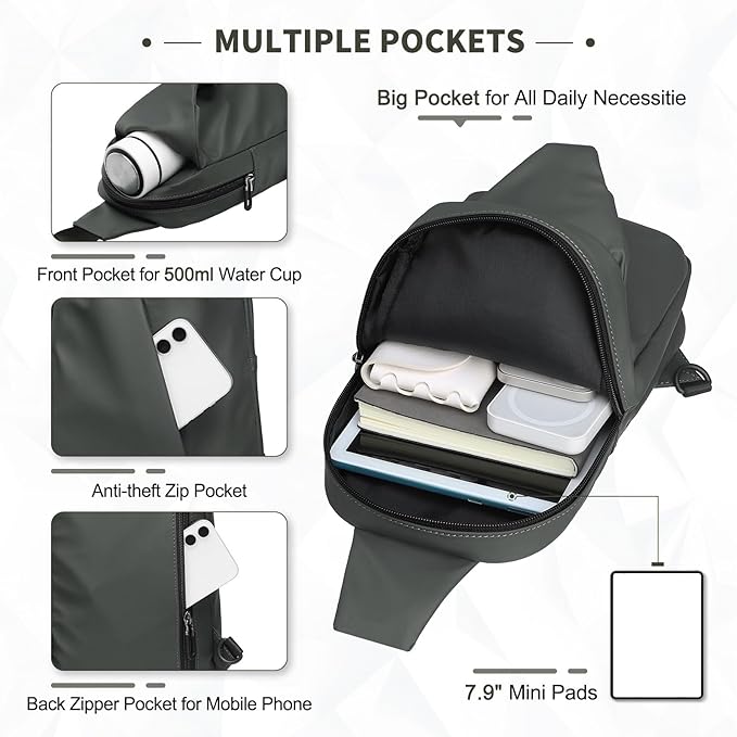 Small Sling Bag, Waterproof Nylon 7.9 Inch Crossbody Chest Bags Daypack Backpack with Anti-theft Pocket for Men Women (Dark Grey)