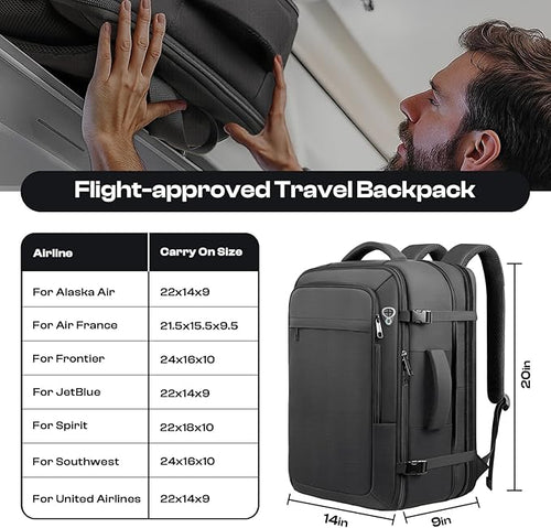 Carry on Backpack for 1-10 Days Trips, Extra Large 40L-50L Travel Backpack TSA Approved, Expandable Laptop Bagpack, Water Resistant Bag Compatible with 17.3 inch Laptops, Black