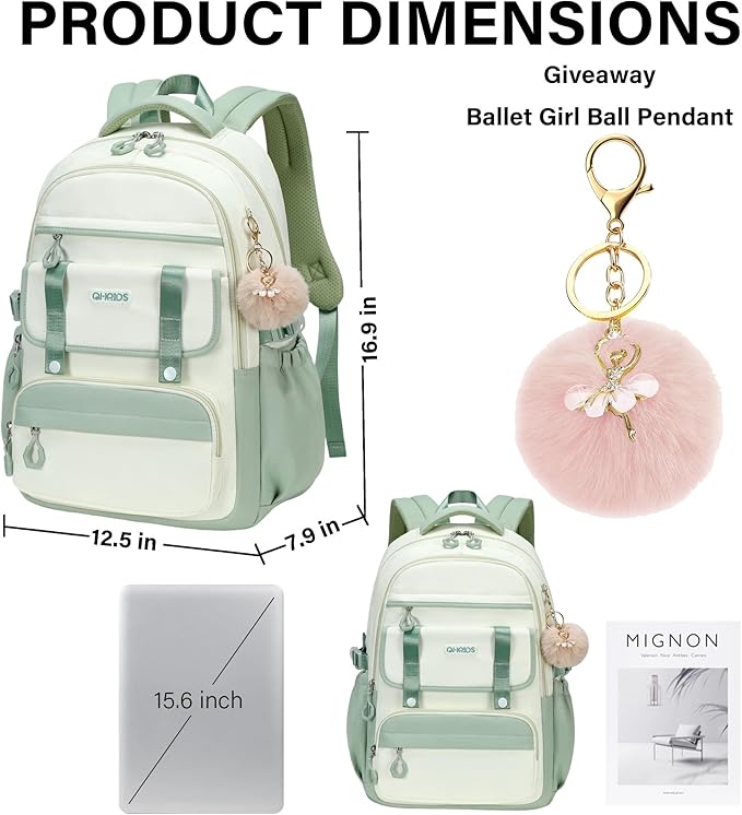 School Backpack for Girls, Laptop Backpack 15.6 Inch Kids Elementary Middle High School Bag Anti Theft Cute College Bookbags for Teens Girls Women Students Casual Travel Daypack,Green Beige