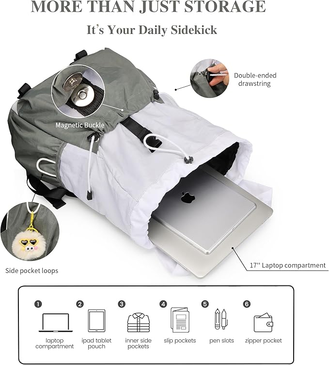 Drawstring Backpack for Teen Girls Boys, Work College Travel 17 Inch Laptop Backpack, Cute Back to School Bookbag, Casual Daypack for Middle High School University Daily Use Gym
