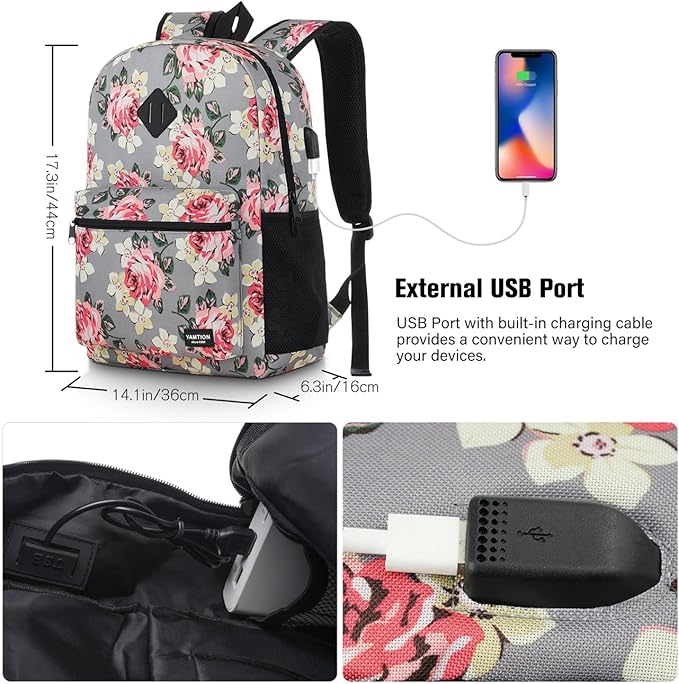 School Backpack Women and Teen Girl,Classic Bookbag Schoolbag with USB Port for High School College Office Work Travel 15.6 inch Gray Flower