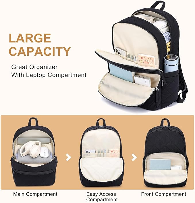 Backpack for Men and Women, School Backpack for Boys Girls, Quilted Casual Travel Daypack, Water-Resistant Bookbag for 15.6 Inch Laptop, Black