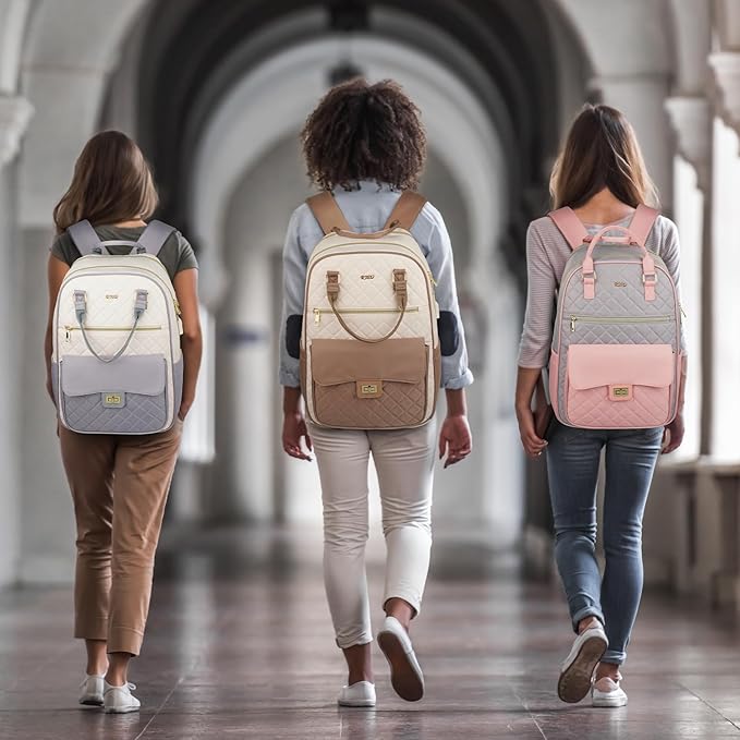 Teen Girls School Backpack,15.6in Laptop Bag for Women,Big Schoolbag for Travel Work Nurse Teacher Uni,Gray-Beige