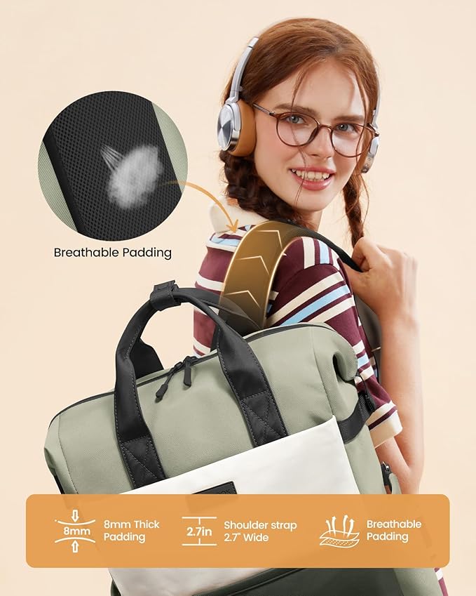 LOVEVOOK Laptop Backpack for Women, 17.3 Inch Work Travel Backpack Purse for School College Bookbag for Teen Girls Cute Computer Bag for Teacher Nurse Business, Green-Beige