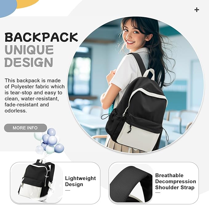 BJLFS Black White Backpack for School, High School Bookbag Back Pack for Teens Girls Boys, Lightweight College Backpack Book Bag for Women Men, Simple Casual Daypack Backpack Mochilas Escolares para