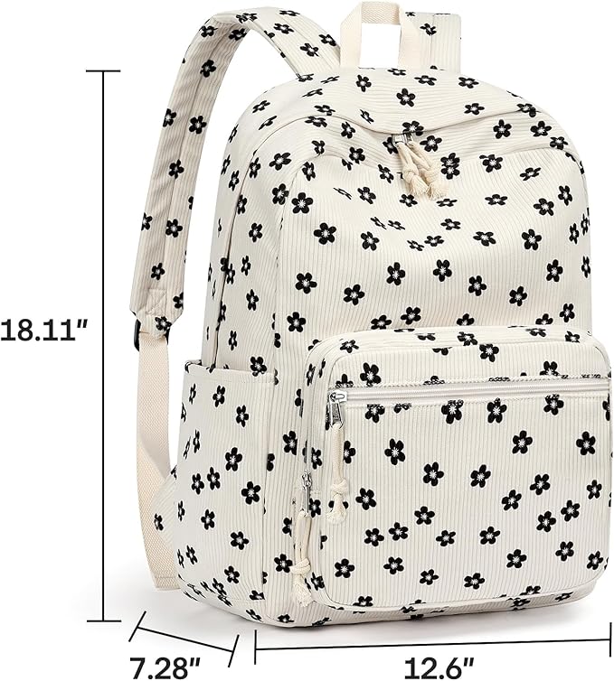 mibasies School Backpack for Girls with Laptop Sleeve: 18IN Large Capacity Corduroy Bookbag for Primary Middle School/College, Travel Daypack for Teens Women - Black Flower