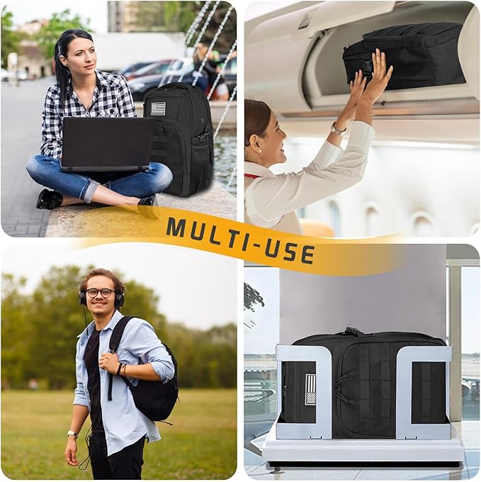 15'' Travel Laptop Backpack for Men, 25L Tactical College Backpacks with Water Pouches Both Sides, Portable Backpack for Men Women Business Work Bag Fight Approved, Small Black Backpack