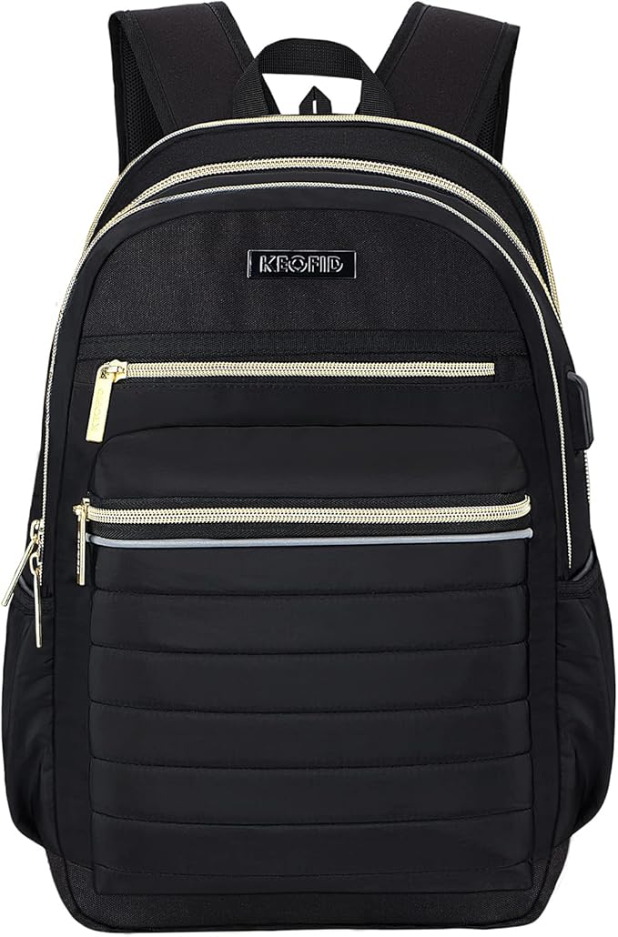 KEOFID Casual Backpack for Women, Work Backpack for Women, Back pack for School College, Carry-On travel backpacks, Anti-Theft Womens backpacks, School bookbag for girls(Black and Gold)