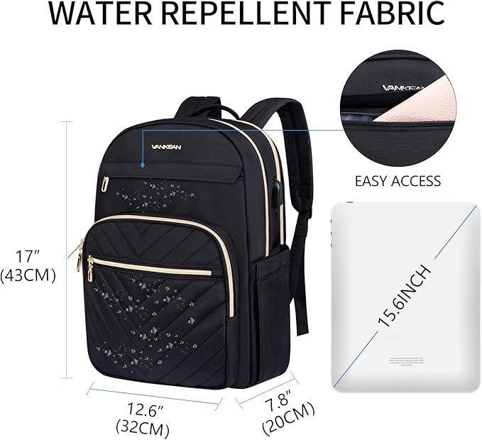 VANKEAN Laptop Backpack for Women with USB Port, Laptop Computer Bag Travel Backpack Purse,Waterproof Work Business Backpack College Teacher Bags, Black