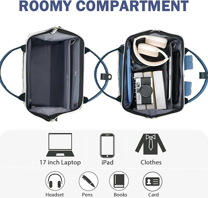 EMPSIGN 17 Inch Laptop Backpack for Women, Work Business Travel Computer College Bags, Large Capacity Water-repellent Quilted Casual Daypack with USB Port, Beige-Haze Blue