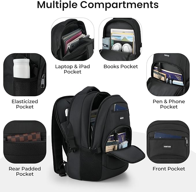 YAMTION Black Backpack for Men and Women, Laptop Backpack with USB Charging Port, School Backpack for Boys and Girls, Lightweight Bookbag, Work Backpack Fits 17.3 Inch Notebook