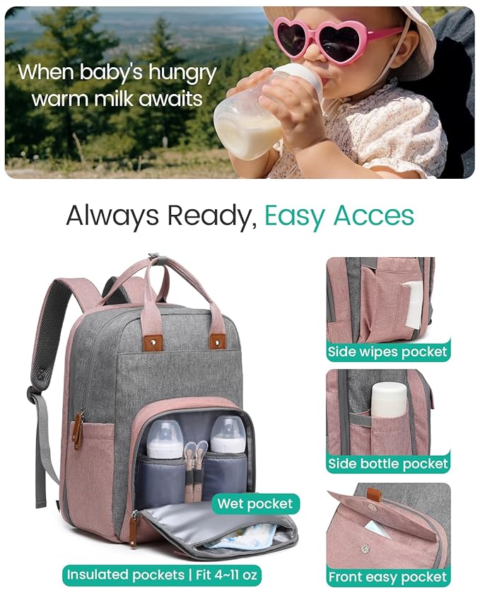 Extra Large Diaper Bag Backpack for Two Kids Twins - Expandable Baby Bag (26-36L), Dual Big Compartments - Includes Changing Pad & Stroller Straps, Unisex Pink Grey