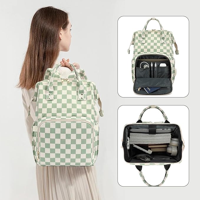 Laptop Backpack for Women, Corduroy College School Backpack Bookbag 15.6 inch Business Computer Travel Backpack (Checkered Green)