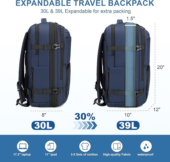 Carry On Travel Backpack, 35L-40L Expandable Extra Large Airline Approved,Lightweight Daypack for Men and Women（Blue）