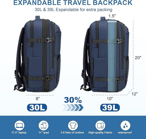 Carry On Travel Backpack, 35L-40L Expandable Extra Large Airline Approved,Lightweight Daypack for Men and Women（Blue）