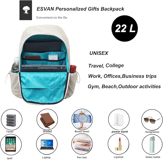ESVAN Personalized Gifts Backpack Canvas Linen Nylon 17 inch Laptop Bag for Women Casual College