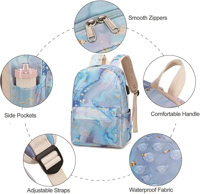 Teen Girls School Backpack Kids Bookbag Set with Lunch Box Pencil Case, Travel Laptop Backpack Casual Daypacks (Blue-marble)