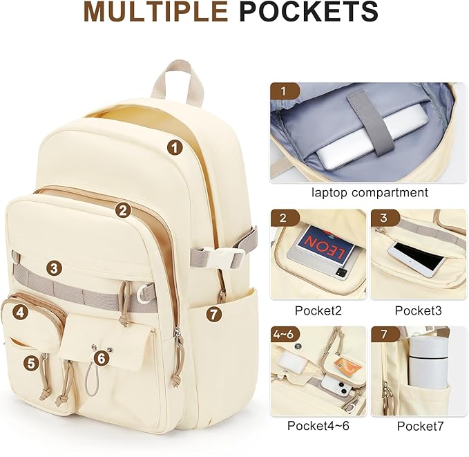 weradar Cute Backpack For School Teens Girls,Aesthetic Bookbag,Waterproof College Backpack For Women,Middle School Bag Casual Daypacks Travel Back pack With Lots of Pockets(Beige)