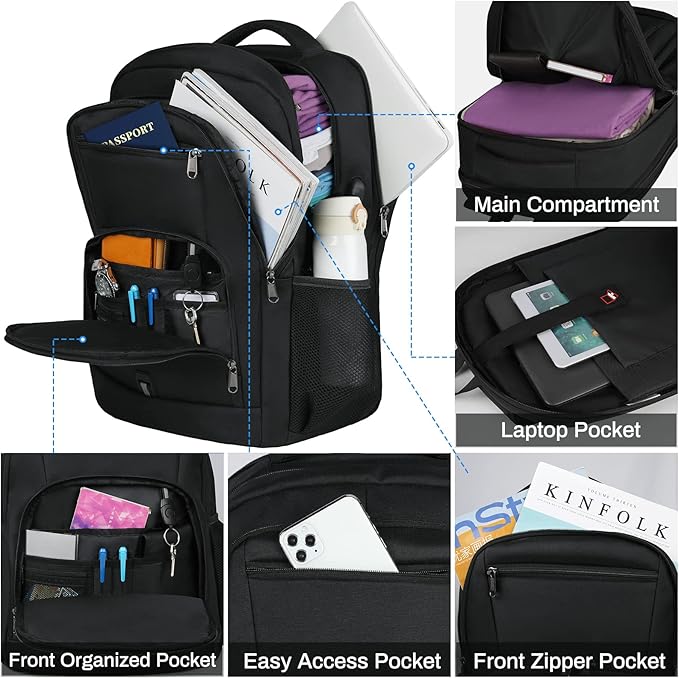 RAINSMORE Laptop Backpack 17 Inch Large Travel Backpack for Men Women Waterproof Computer Work Business College Bookbag TSA Friendly Carry on Backpack with USB Port, Black