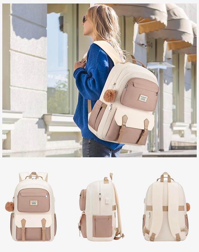 School Backpack for Teen Girls, Aesthetic Schoolbag for Middle School High School, Cute Laptop Bookbag for College Women Students Mochilas Niñas, Khaki Beige