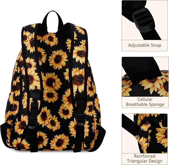 Women's Water-resistant Daypack Backpack, 15.6 Inch Laptop Compartment & Anti-Theft Pocket, Adjustable Padded Straps for Commuting, Travel, Work, College, Sunflower