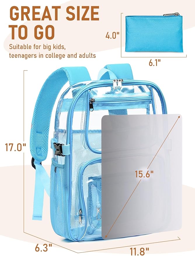Clear Backpack Heavy Duty, Large TPU Clear Bookbag for Boys Girls Adult, See Through Transparent Back Pack with Multiple Pockets for College Work Casual Security,Light Blue