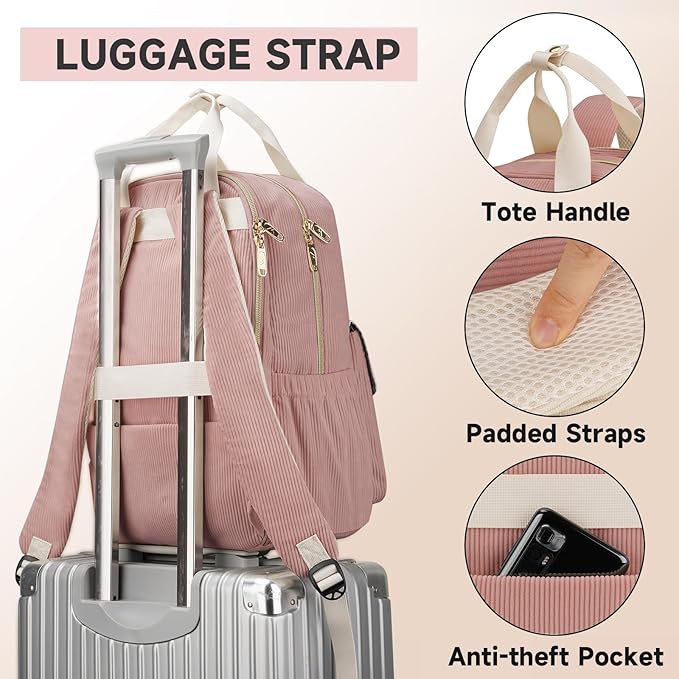 MATEIN Laptop Backpack for Women, Cute Corduroy Computer Backpack Water Bottle Holder, TSA Lightweight Aesthetic Bag Work Business Backpack College Teacher Bags, Pink
