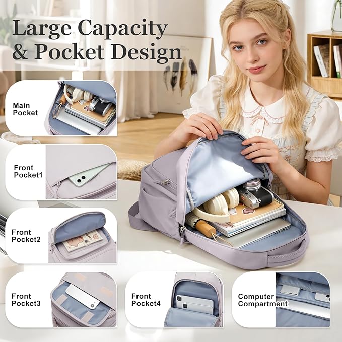 Cute School Backpack for Teens Girls Boys Waterproof School Bag Basic Backpack for College Students Multi Pocket Backpack Lightweight Casual Daypack Backpacks for Women Men（Purple）